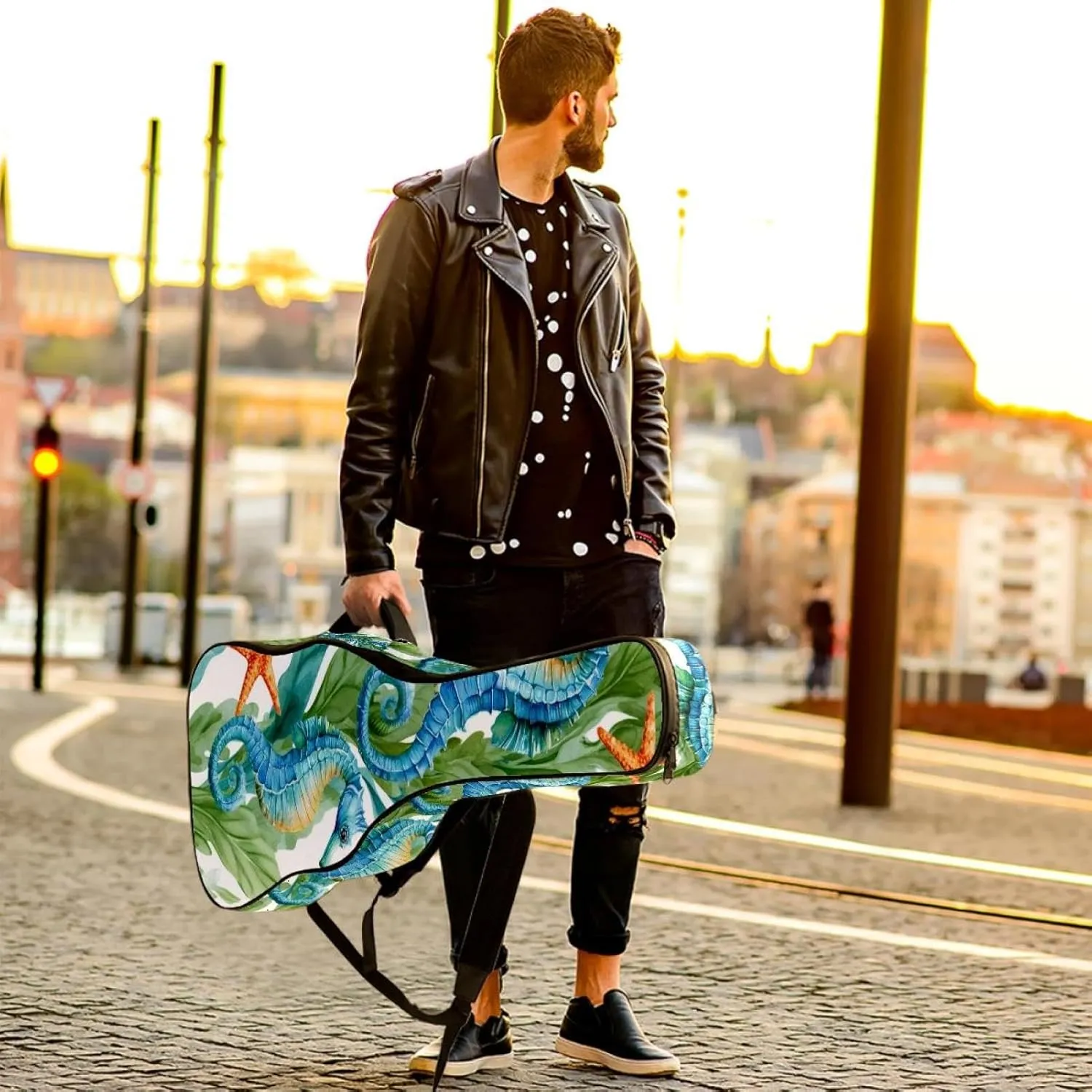 Seahorse Sea Algae with Bubbles and Starfish Acoustic Guitar Bag, Guitar Case Gig Bag 40 41 42 inch with Dual Adjustable Shoulder Strap and Back Hanger Loop