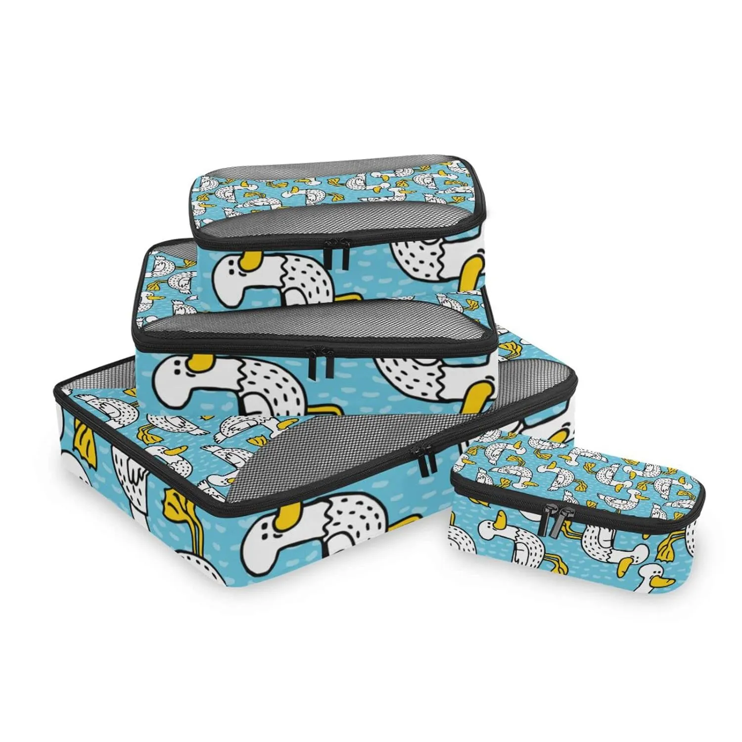 Seamless Cartoon Black Dots Ducks with Yellow Mouth Feet 4 Set Packing Cubes, Travel Packing Organizers, 600D Oxford Cloth Toiletry Storage Bag, Luggage Mesh Bags for Accessories