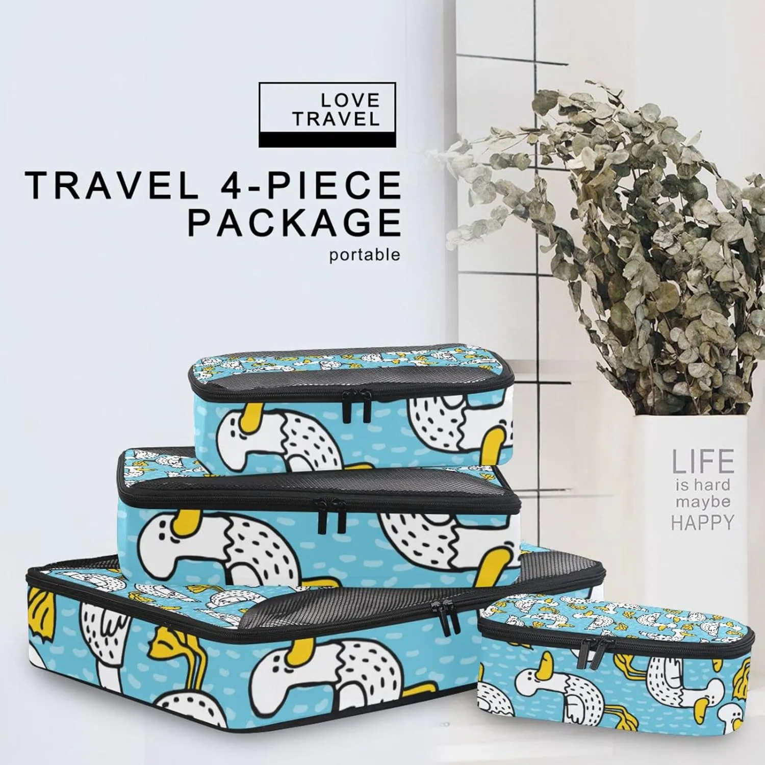 Seamless Cartoon Black Dots Ducks with Yellow Mouth Feet 4 Set Packing Cubes, Travel Packing Organizers, 600D Oxford Cloth Toiletry Storage Bag, Luggage Mesh Bags for Accessories