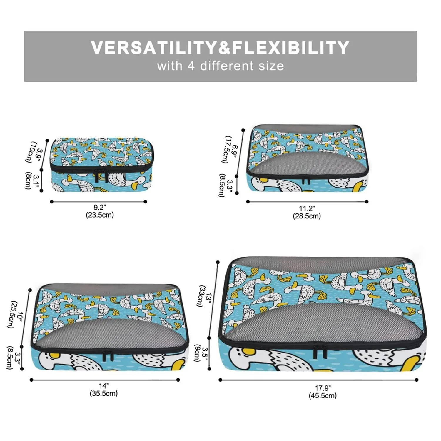 Seamless Cartoon Black Dots Ducks with Yellow Mouth Feet 4 Set Packing Cubes, Travel Packing Organizers, 600D Oxford Cloth Toiletry Storage Bag, Luggage Mesh Bags for Accessories