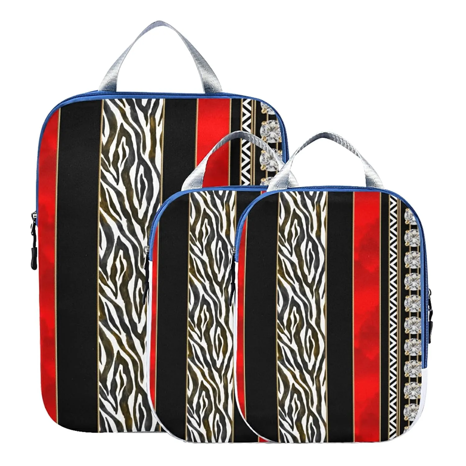 Seamless Zebra Diamonds Black Red Vertical Stripes 3 Piece set Cubes Expandable Adjustable Luggage Packing Bags, Ultralight Organizer Accessories Travel Suitcase Compressible Bags