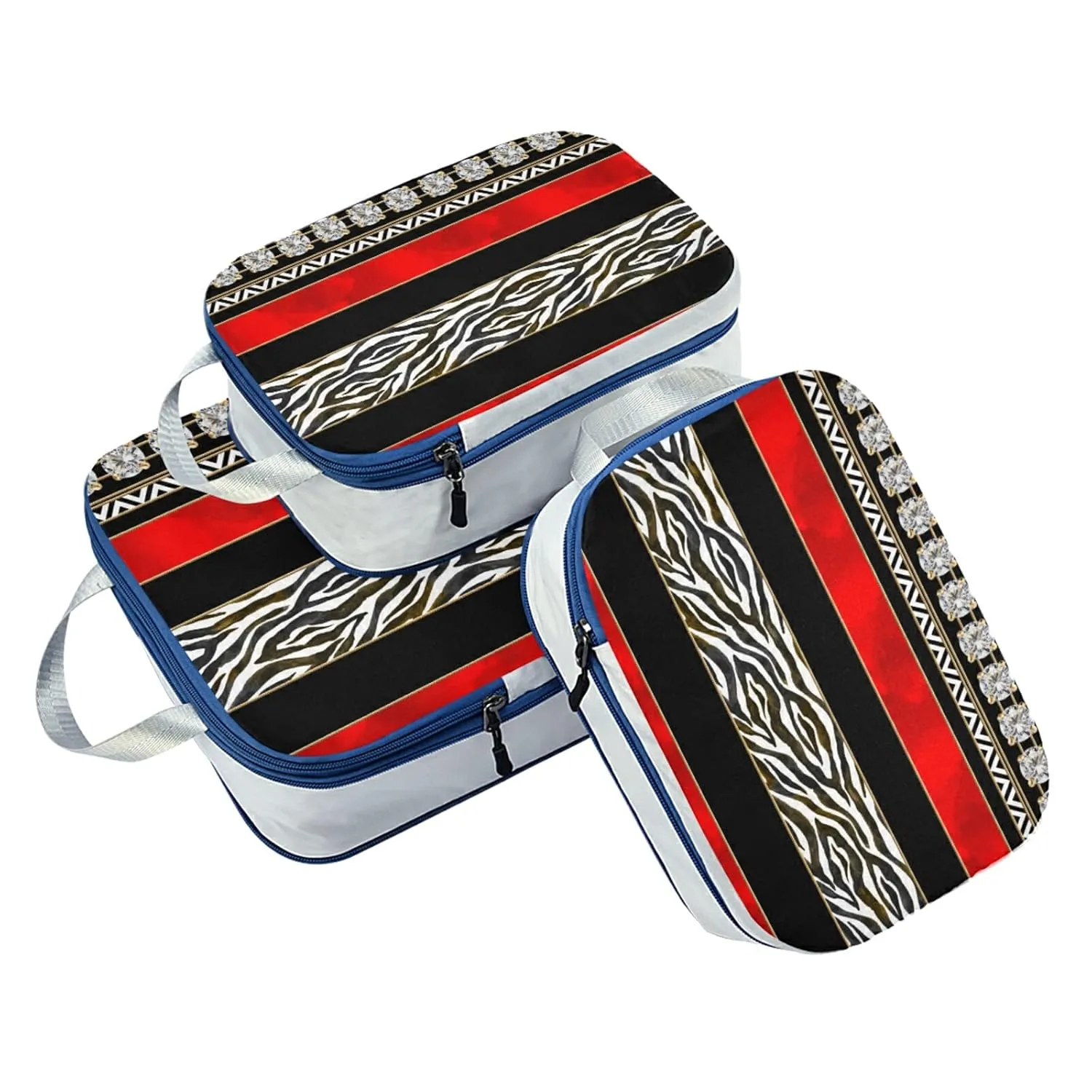 Seamless Zebra Diamonds Black Red Vertical Stripes 3 Piece set Cubes Expandable Adjustable Luggage Packing Bags, Ultralight Organizer Accessories Travel Suitcase Compressible Bags