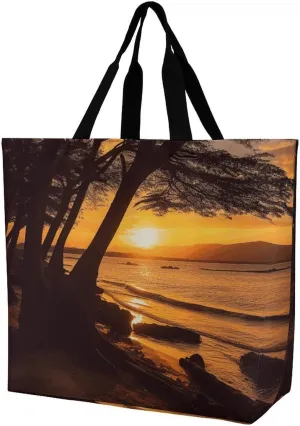 Seashore Trees Sunset Handbags Lightweight Travel Shoulder Bag Portable Cute Shopping Beach Market Bag for Men Women Hiking Yoga Gym Swimming Travel Holiday Gift
