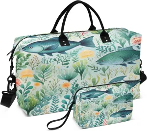 Seaweed Fish Cartoon Travel Duffel Bags with Toiletry Bag and Adjustable Strap for Travel Gym Yoga