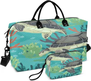 Seaweed Turtle Travel Duffel Bags with Toiletry Bag and Adjustable Strap for Travel Gym Yoga