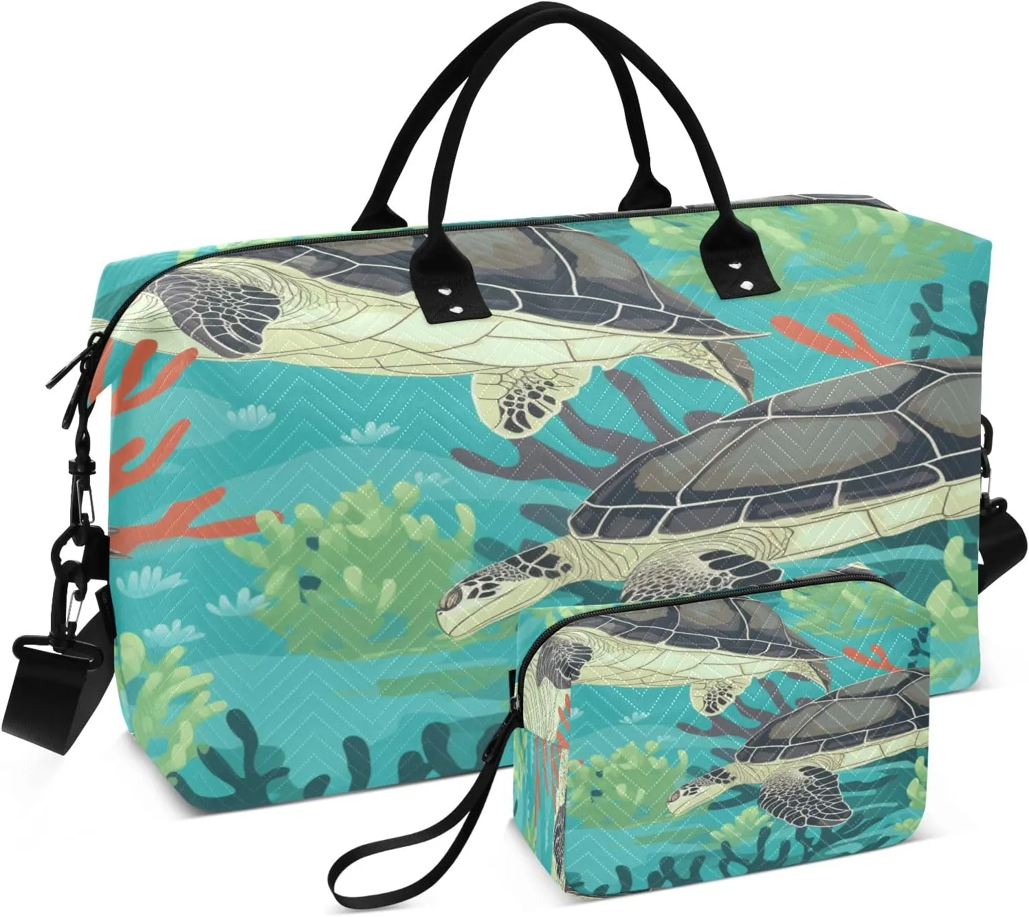 Seaweed Turtle Travel Duffel Bags with Toiletry Bag and Adjustable Strap for Travel Gym Yoga