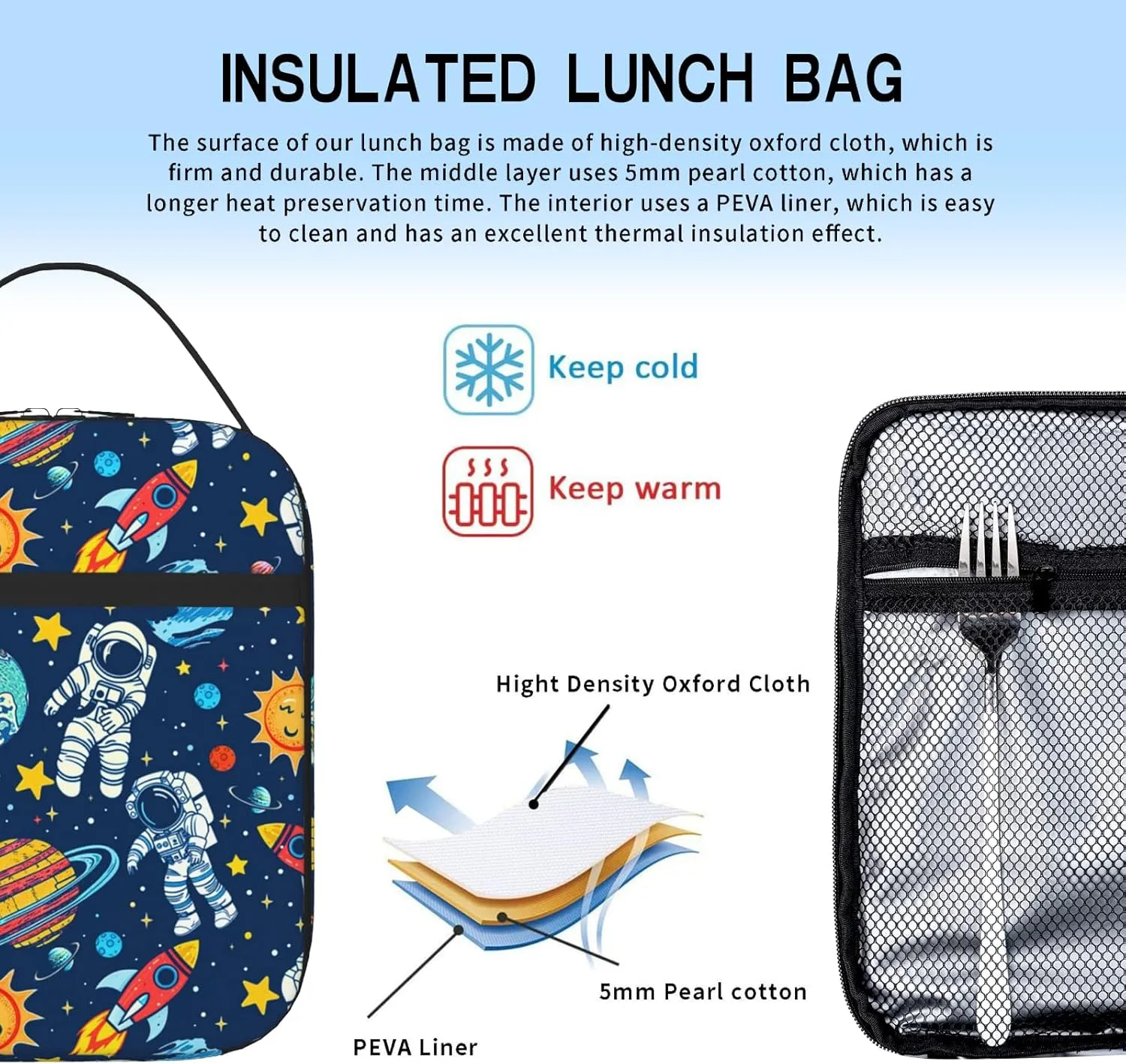 SENROLAN Astronaut Lunch Box for Boys & Girls Space Astronaut Lunch Bag for Kids School Insulated Portable Reusable Lunch Tote Kit Waterproof Cooler Bag for Toddler Students Travel Camping