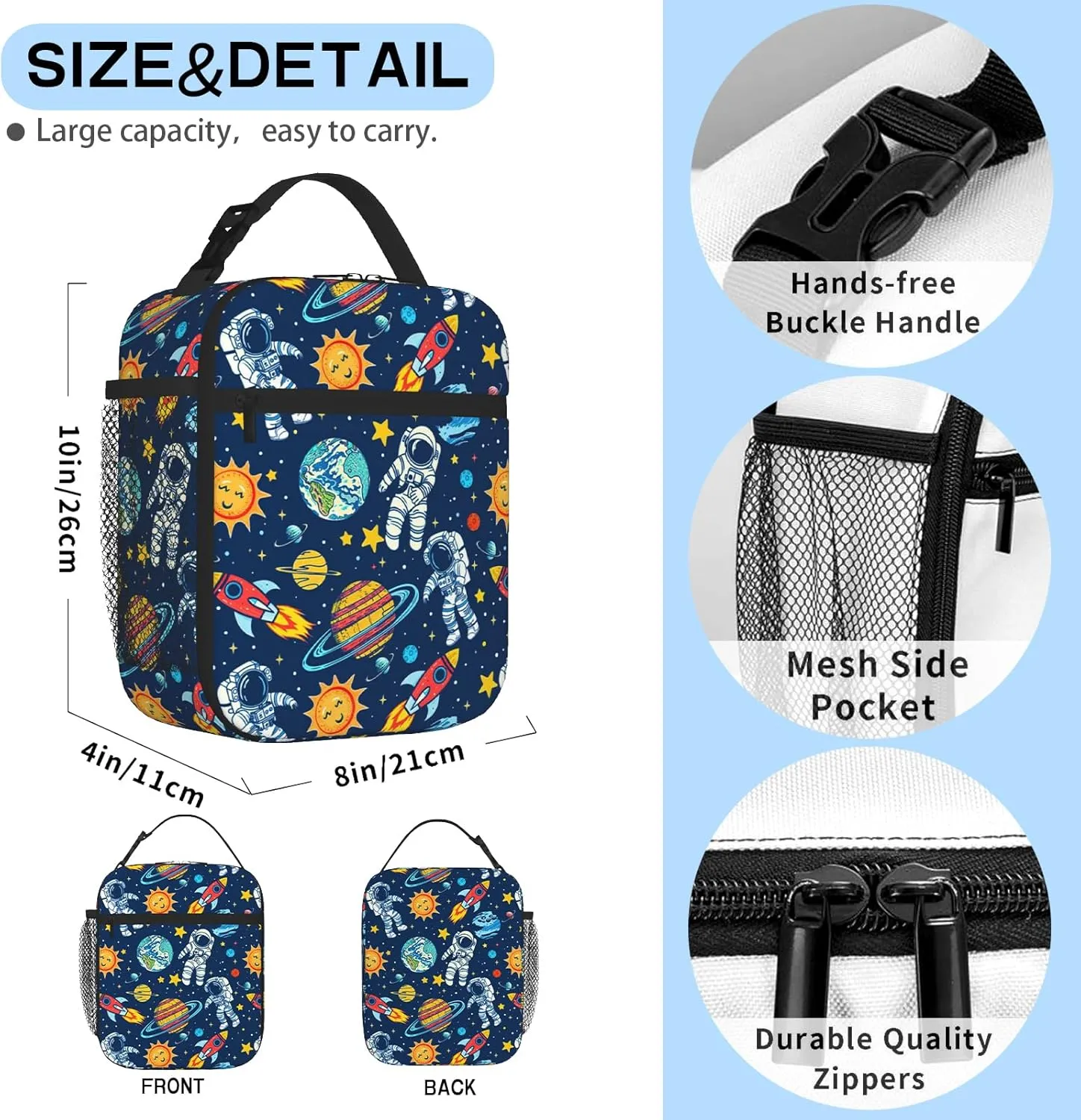 SENROLAN Astronaut Lunch Box for Boys & Girls Space Astronaut Lunch Bag for Kids School Insulated Portable Reusable Lunch Tote Kit Waterproof Cooler Bag for Toddler Students Travel Camping