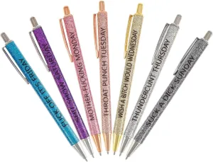 Set Of 7 Fun Adult Ballpoint Pens, Adult Pens Describing State Of Mind, Seven Days A Week Fun Pens, Weekday Glitter Pens, Gifts For Others, Multicolor