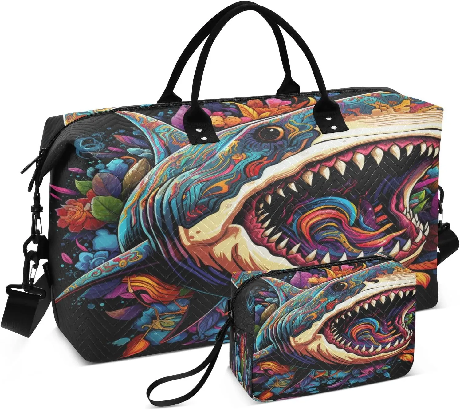 Shark Roar Travel Duffel Bags with Toiletry Bag and Adjustable Strap for Travel Gym Yoga