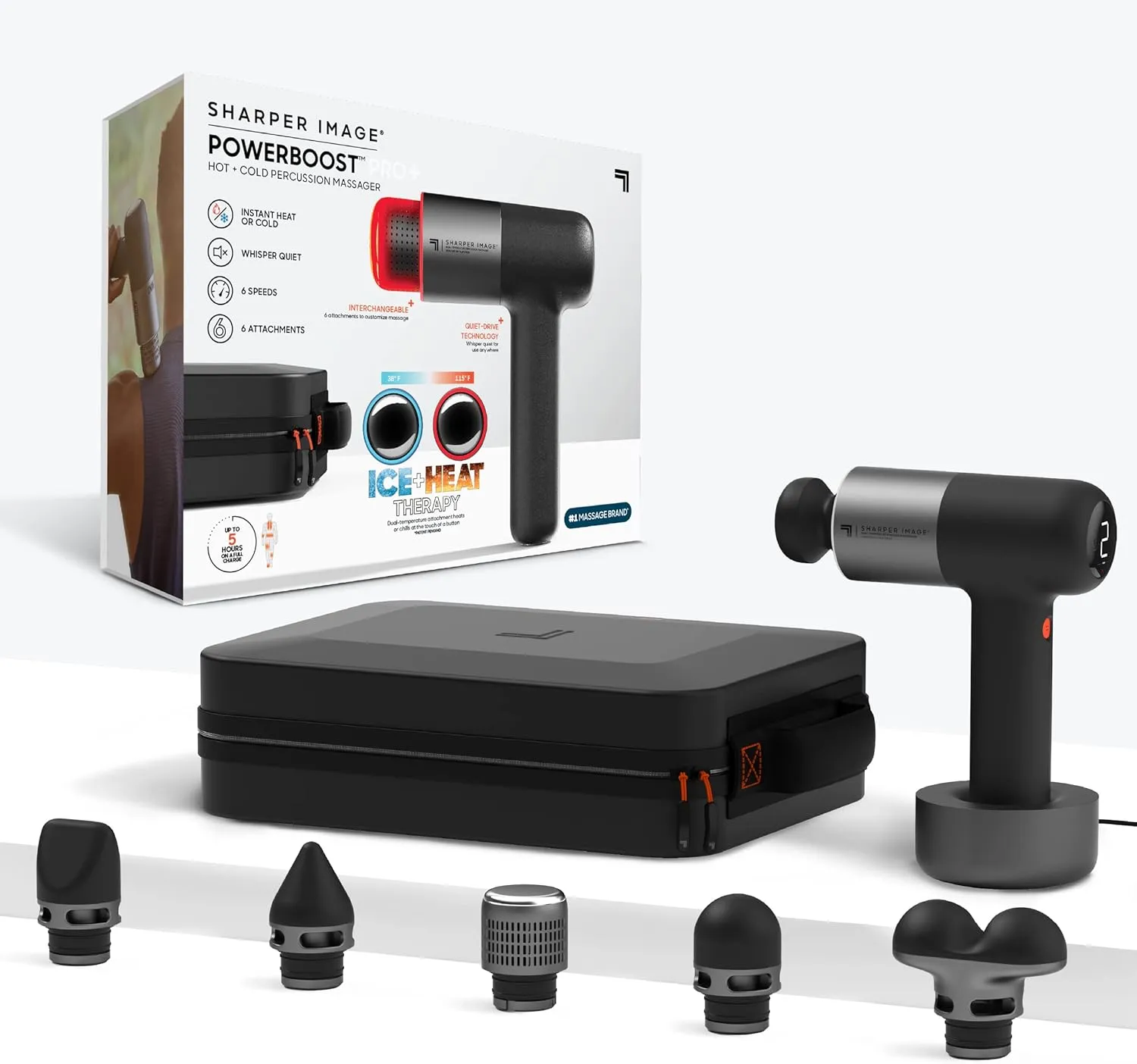 Sharper Image® Powerboost® Pro  Hot & Cold Deep Tissue Massage Gun - 6 Speeds, 6 Attachments, 5-Hour Battery, Travel Case, Charging Base, Shoulder & Back Massager, Pain Relief Tool, FSA Eligible