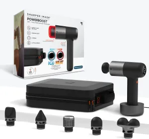 Sharper Image® Powerboost® Pro  Hot & Cold Deep Tissue Massage Gun - 6 Speeds, 6 Attachments, 5-Hour Battery, Travel Case, Charging Base, Shoulder & Back Massager, Pain Relief Tool, FSA Eligible