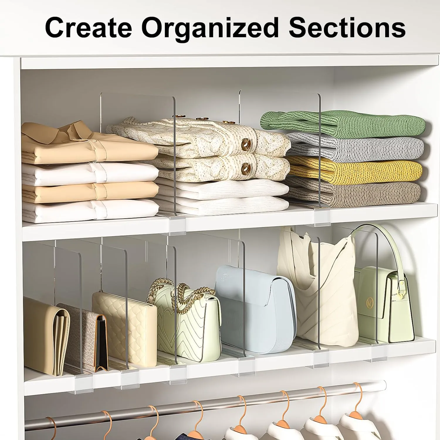 Shelf Dividers Purse Organizer for Closet: 16-Pack Acrylic Bag Storage Organizer for Handbags, Clutches, Clothes, Sweater, Towel