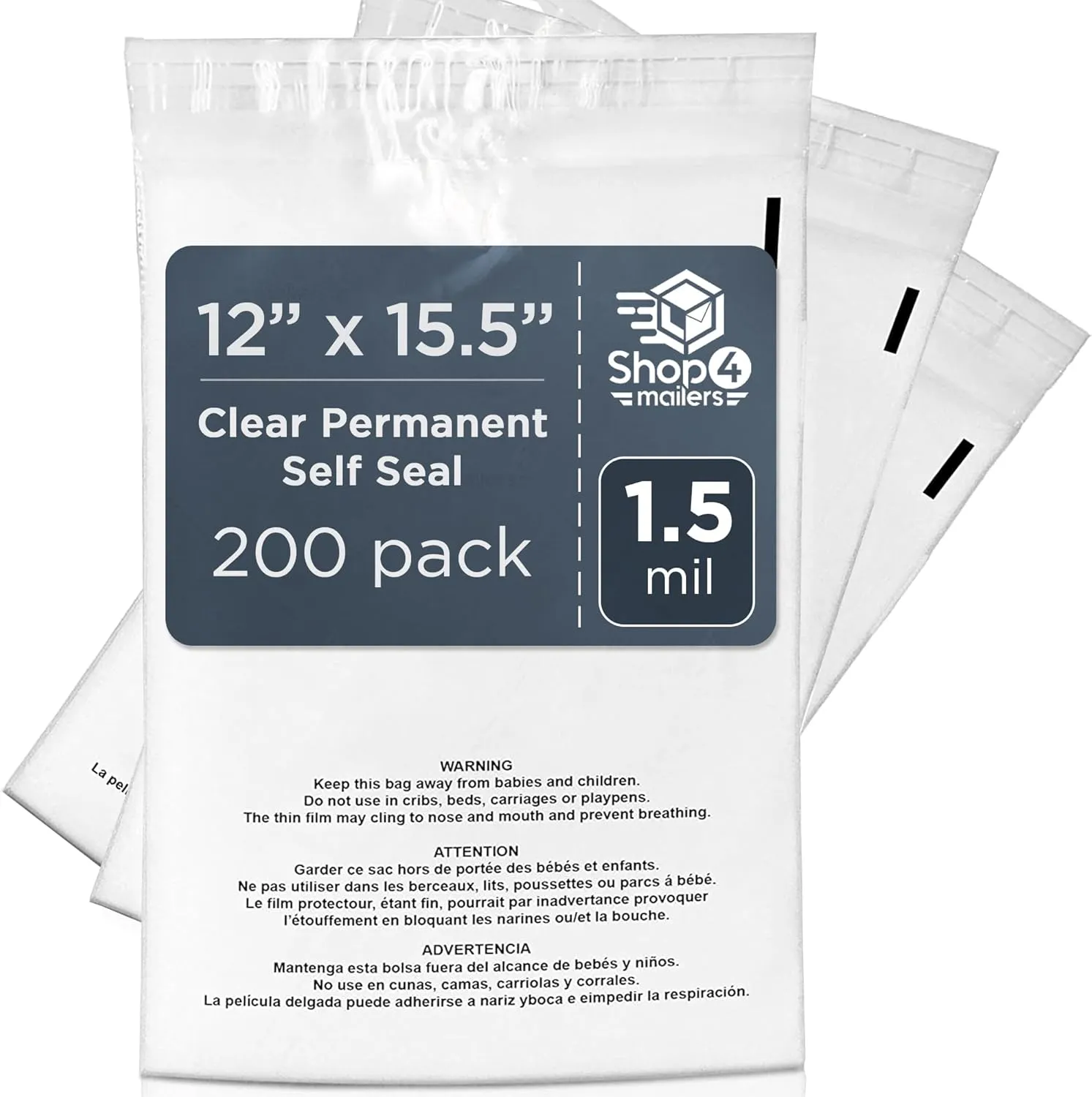 Shop4Mailers 12x15.5 Clear Poly Bag with Suffocation Warning Self-Seal Adhesive, 1.5 Mil Clear Bag for FBA, Packaging Bags, Clothes Storage, & Shipping Bags – Permanent Seal Poly Mailers (Pack of 200)