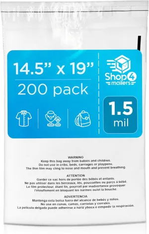 Shop4Mailers 14.5x19 Clear Poly Bag with Suffocation Warning – Self-Seal Adhesive, 1.5 Mil Clear Bag for FBA, Packaging Bags, Clothes Storage, & Shipping Bags – Resealable Poly Mailers (Pack of 200)