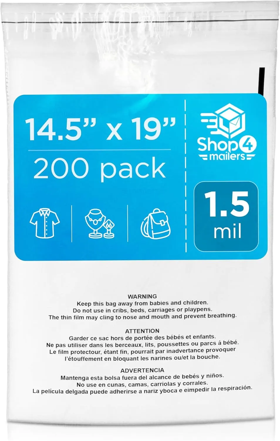 Shop4Mailers 14.5x19 Clear Poly Bag with Suffocation Warning – Self-Seal Adhesive, 1.5 Mil Clear Bag for FBA, Packaging Bags, Clothes Storage, & Shipping Bags – Resealable Poly Mailers (Pack of 200)