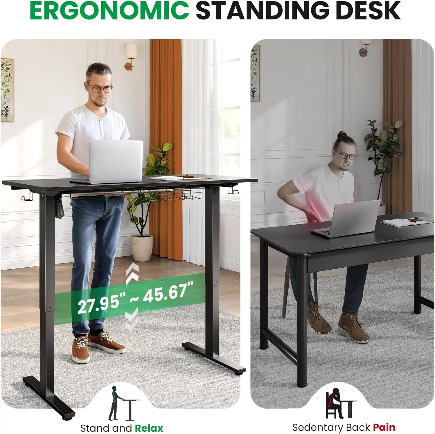 SIAGO Electric Standing Desk Adjustable - 48 x 24 Inch Sit Stand up Desk with Cable Management - 3 Memory Preset Adjustable Height Table
