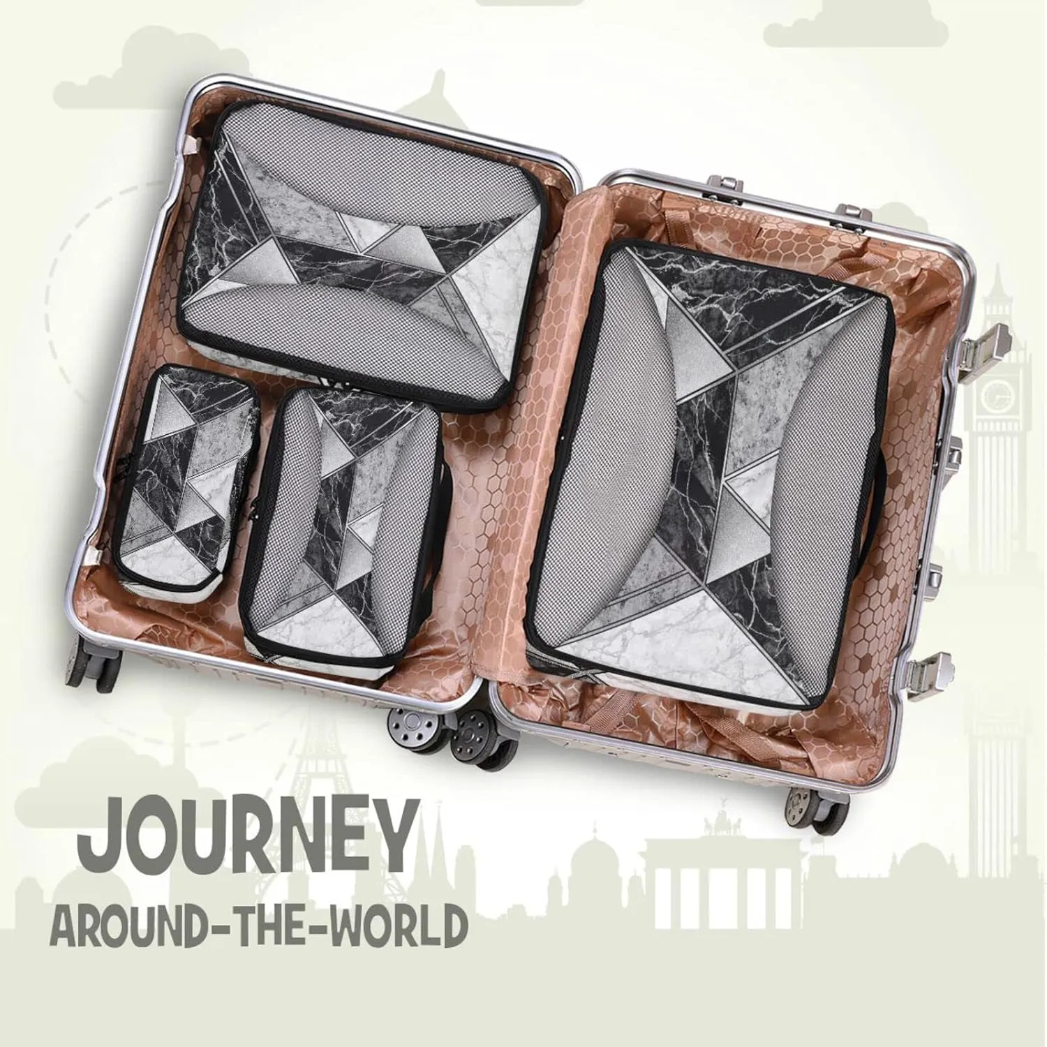 Silver Lines Marble Granite Agate Black Grey Paint Triangle Tile 4 Set Packing Cubes, Travel Packing Organizers, 600D Oxford Cloth Toiletry Storage Bag, Luggage Mesh Bags for Accessories