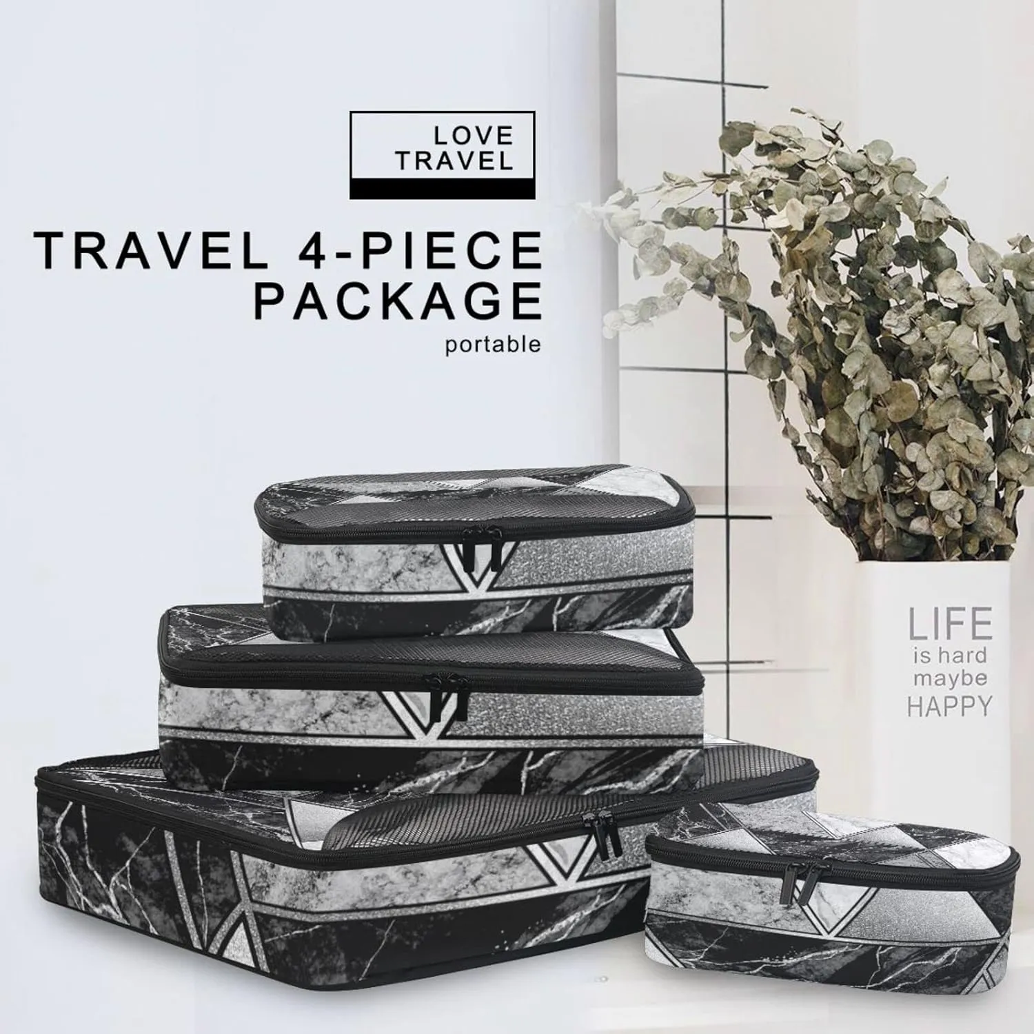 Silver Lines Marble Granite Agate Black Grey Paint Triangle Tile 4 Set Packing Cubes, Travel Packing Organizers, 600D Oxford Cloth Toiletry Storage Bag, Luggage Mesh Bags for Accessories