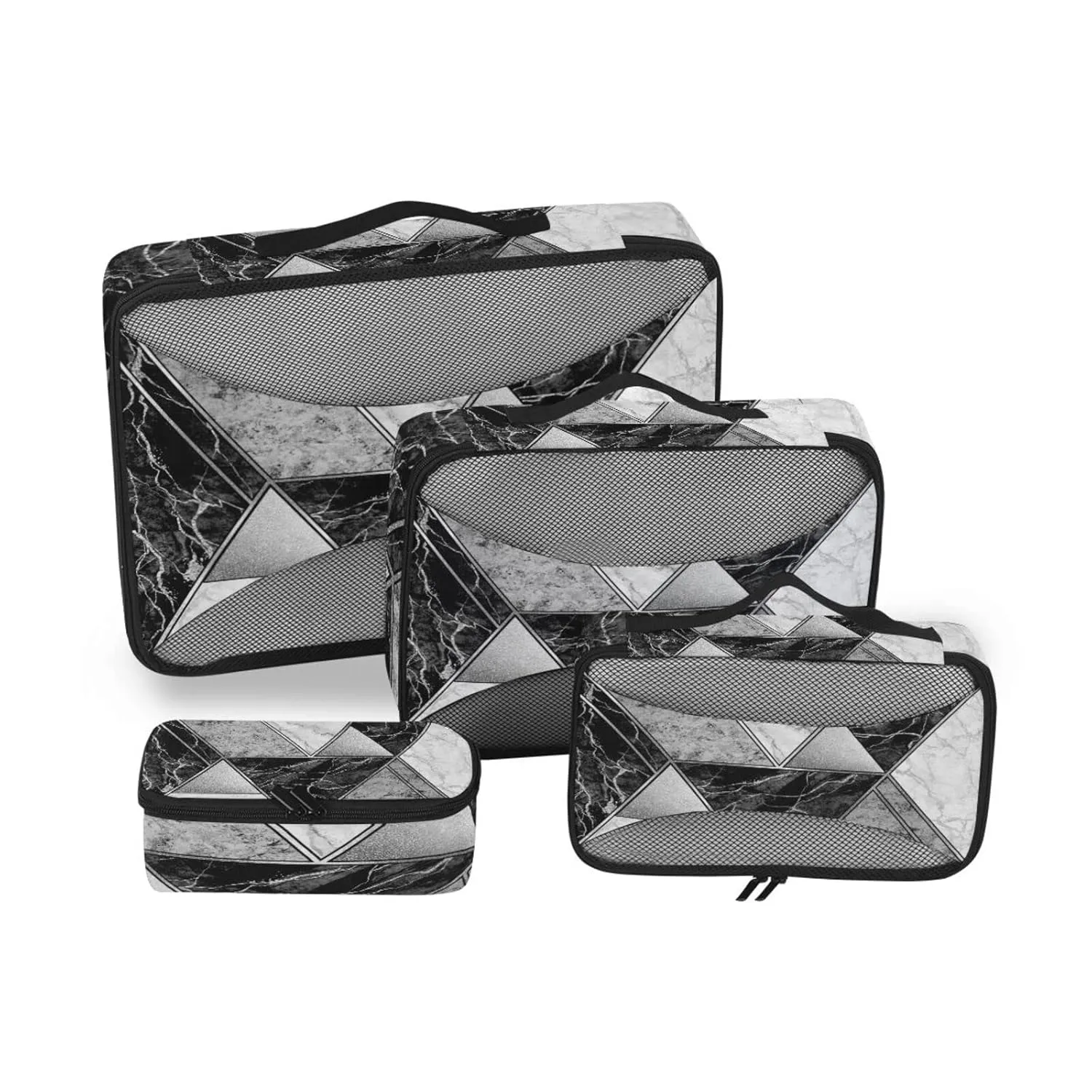 Silver Lines Marble Granite Agate Black Grey Paint Triangle Tile 4 Set Packing Cubes, Travel Packing Organizers, 600D Oxford Cloth Toiletry Storage Bag, Luggage Mesh Bags for Accessories