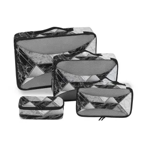 Silver Lines Marble Granite Agate Black Grey Paint Triangle Tile 4 Set Packing Cubes, Travel Packing Organizers, 600D Oxford Cloth Toiletry Storage Bag, Luggage Mesh Bags for Accessories