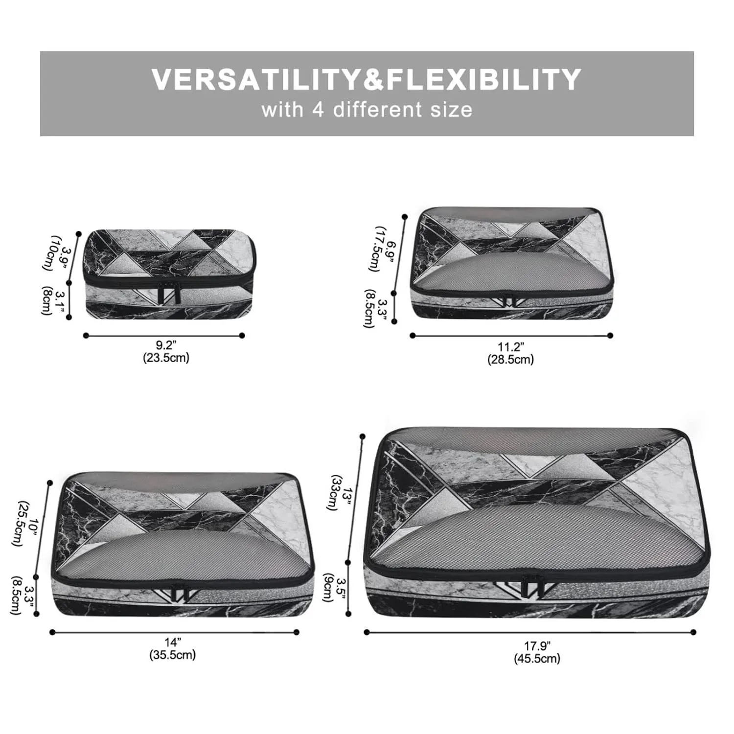 Silver Lines Marble Granite Agate Black Grey Paint Triangle Tile 4 Set Packing Cubes, Travel Packing Organizers, 600D Oxford Cloth Toiletry Storage Bag, Luggage Mesh Bags for Accessories