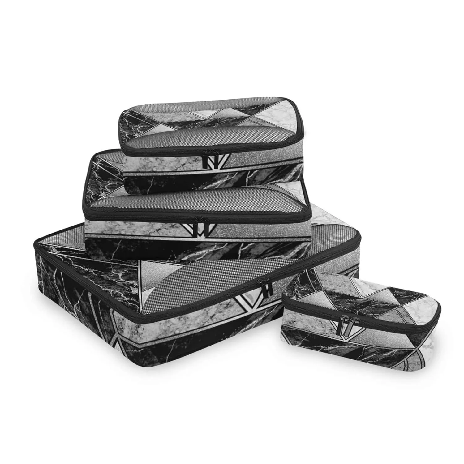 Silver Lines Marble Granite Agate Black Grey Paint Triangle Tile 4 Set Packing Cubes, Travel Packing Organizers, 600D Oxford Cloth Toiletry Storage Bag, Luggage Mesh Bags for Accessories