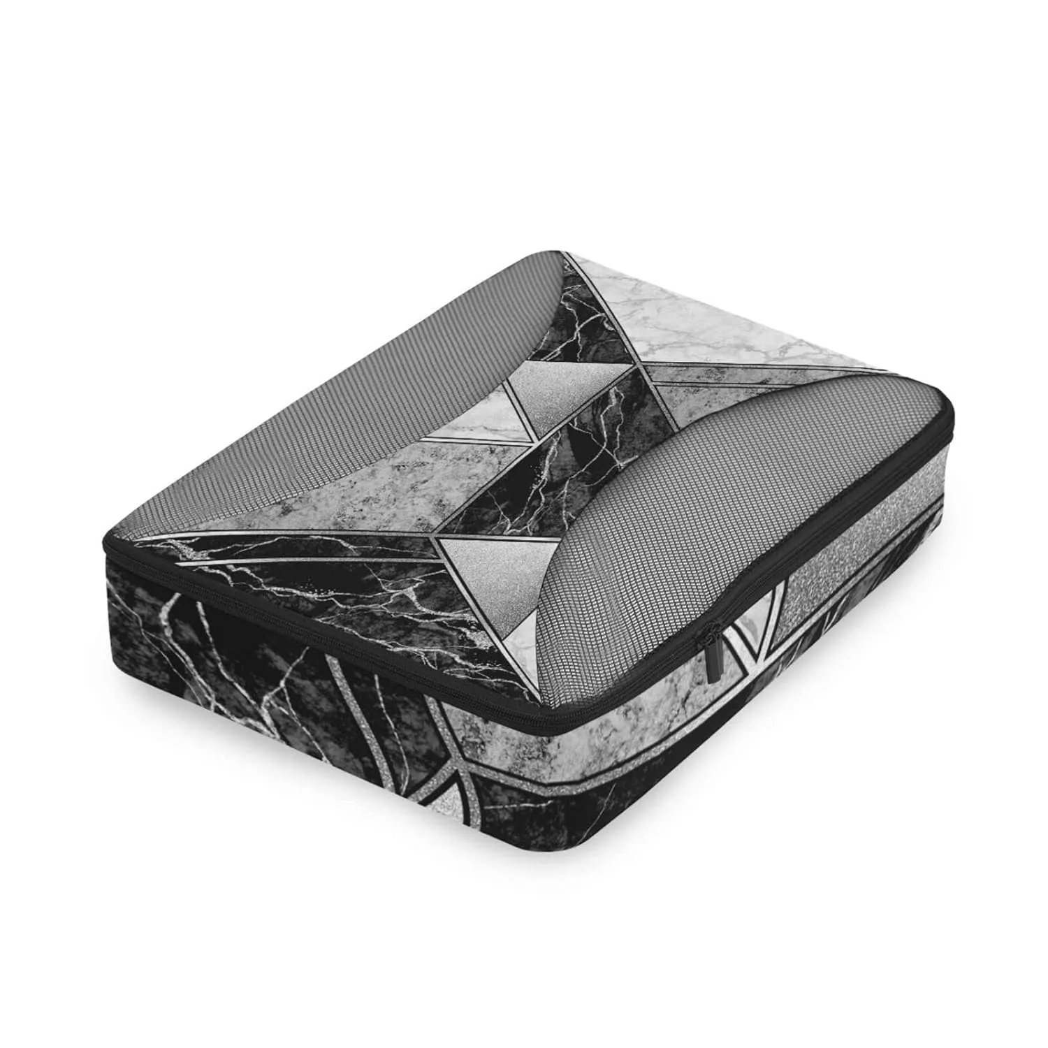 Silver Lines Marble Granite Agate Black Grey Paint Triangle Tile 4 Set Packing Cubes, Travel Packing Organizers, 600D Oxford Cloth Toiletry Storage Bag, Luggage Mesh Bags for Accessories