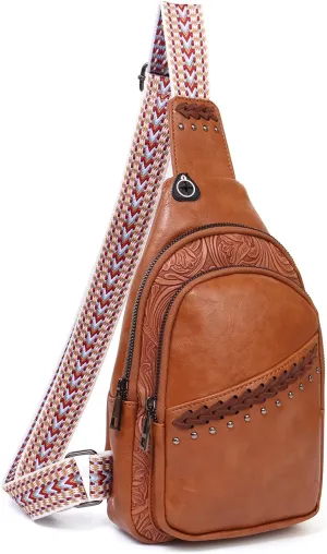 Sling Bag Crossbody Bags for women, Vintage Leather Fanny Pack for Men with Zipper, Adjustable Guitar Strap Anti Theft Crossbody Purse Travel(Brown)