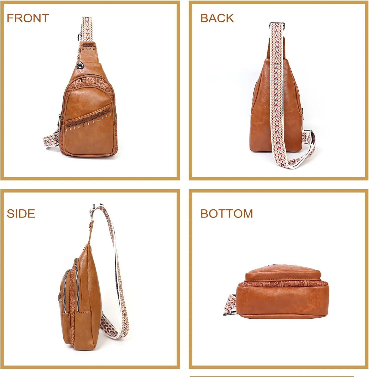 Sling Bag Crossbody Bags for women, Vintage Leather Fanny Pack for Men with Zipper, Adjustable Guitar Strap Anti Theft Crossbody Purse Travel(Brown)