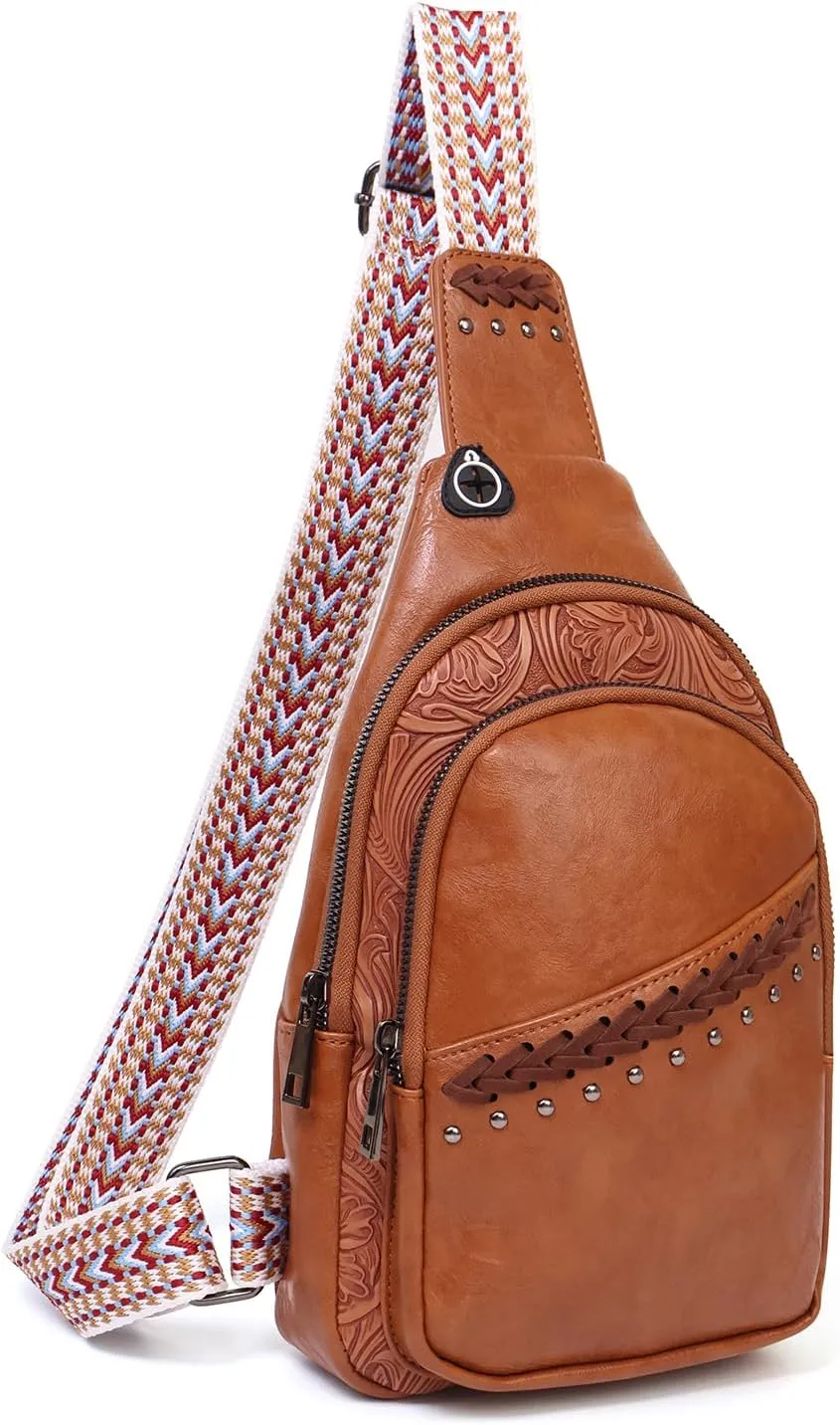 Sling Bag Crossbody Bags for women, Vintage Leather Fanny Pack for Men with Zipper, Adjustable Guitar Strap Anti Theft Crossbody Purse Travel(Brown)