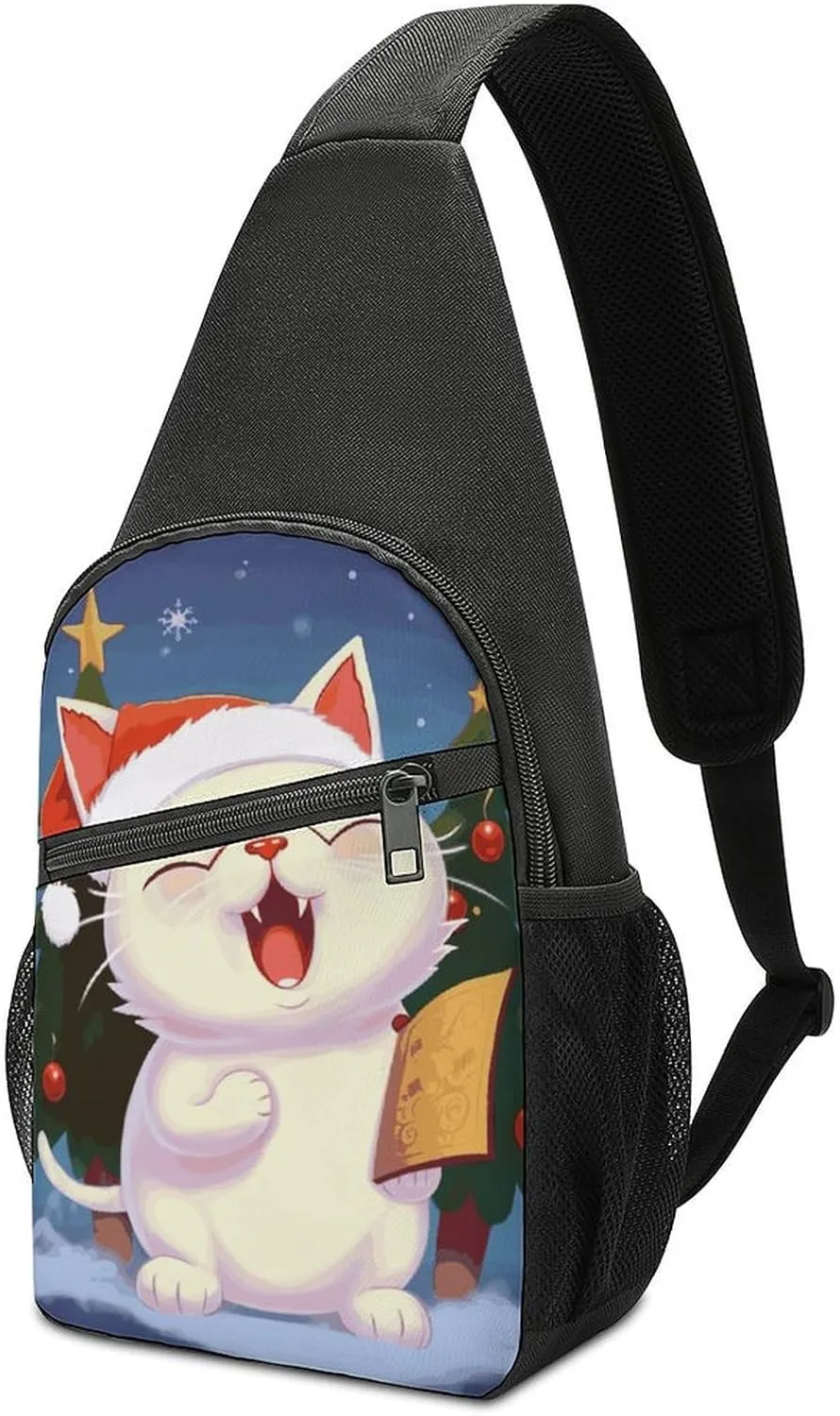 Sling Bag for Women Men Crossbody Bag Small Sling Backpack Cute Cat Sing Christmas Carols Chest Bag Hiking Daypack