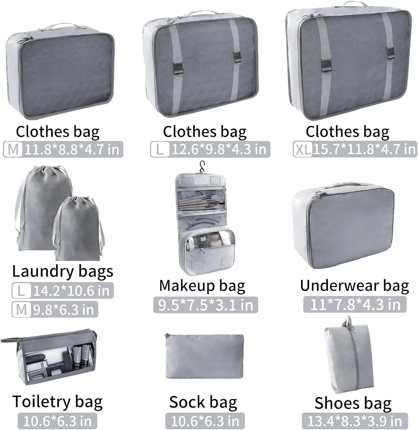 SLMT 10 Set Packing Cubes for Suitcases, Luggage Organizer Bags for Carry On, Travel Bags Organizer for Luggage, Must Have Travel Essentials for Women and Men (Grey)