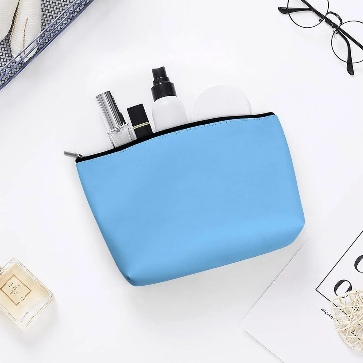 Small Cosmetic Bag, Blue Solid Colors Makeup Bags Elegant Roomy Pouch for Women,Travel Toiletry Accessories Organizer