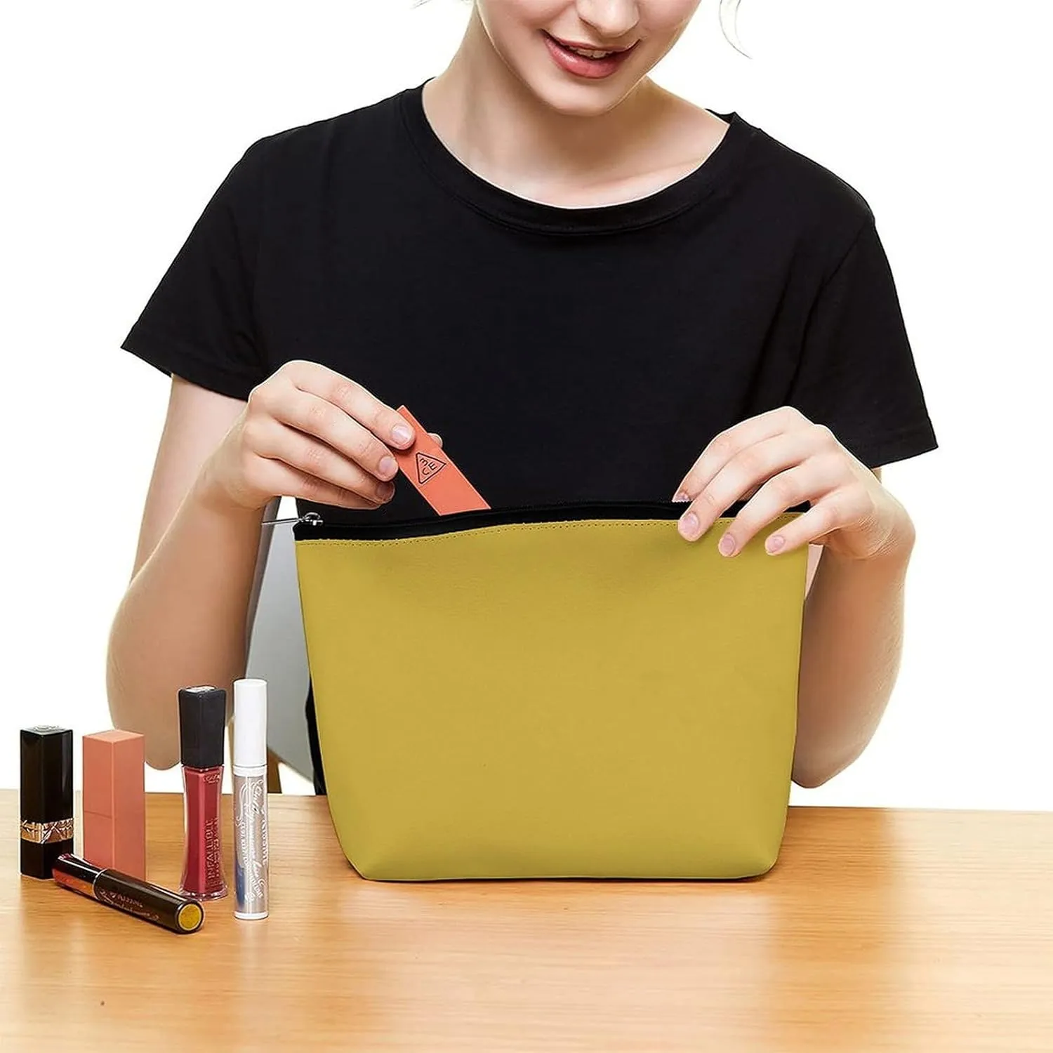 Small Cosmetic Bag, Mustard Yellow Solid Color Makeup Bags Elegant Roomy Pouch for Women,Travel Toiletry Accessories Organizer