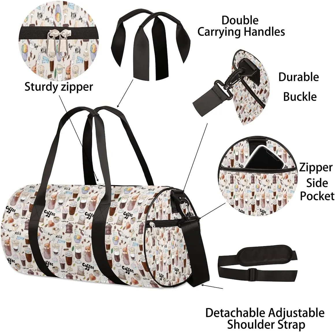 Small Gym Duffel Bags 17.8×9×9 Milk Sugar Coffee Gym Bag for Men Women Overnight Weekender Bag Lightweight Sport Duffle Bag Carry On Gymbag