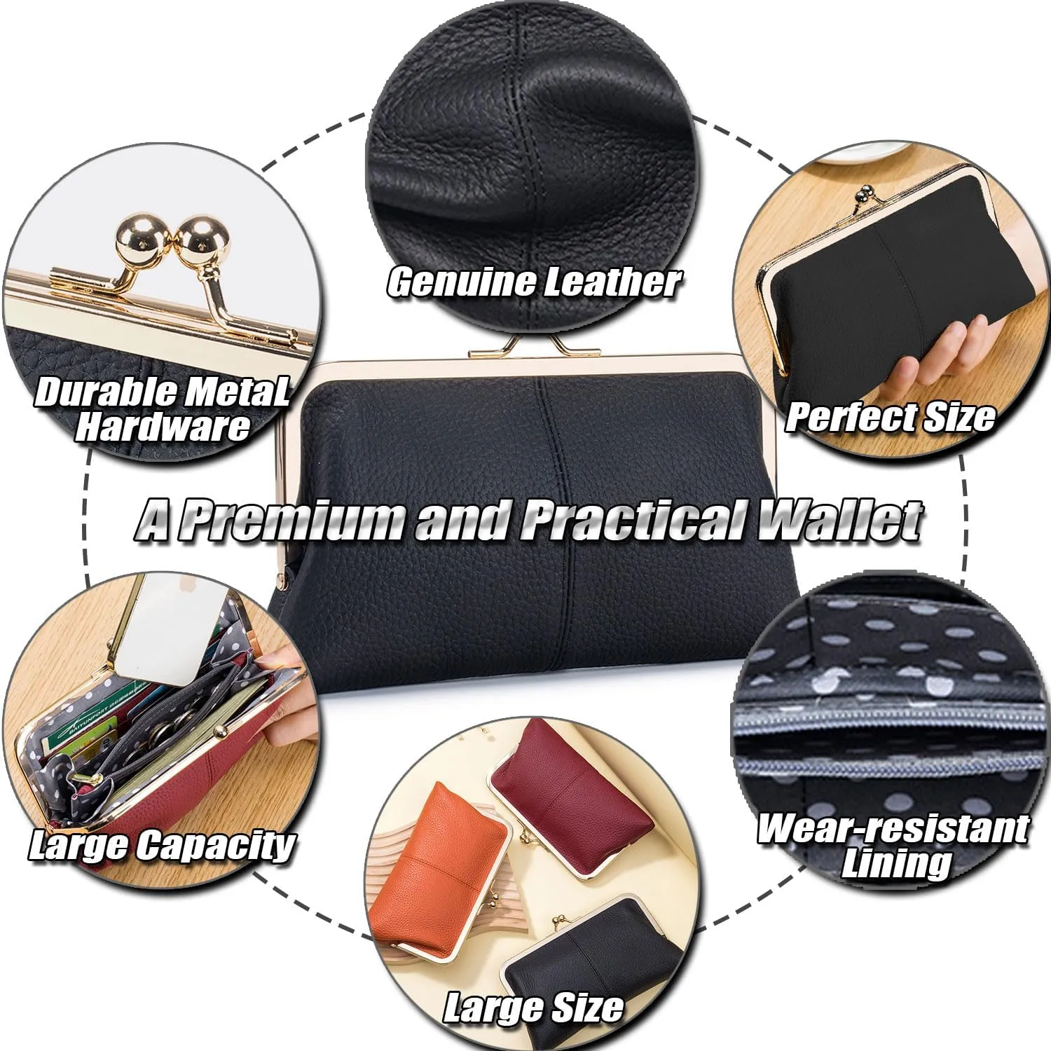 Soft Genuine Leather Wallet for Women Vintage Style Ladies Cell Phone Purse with 8 Card Slots, Kiss-lock Closure