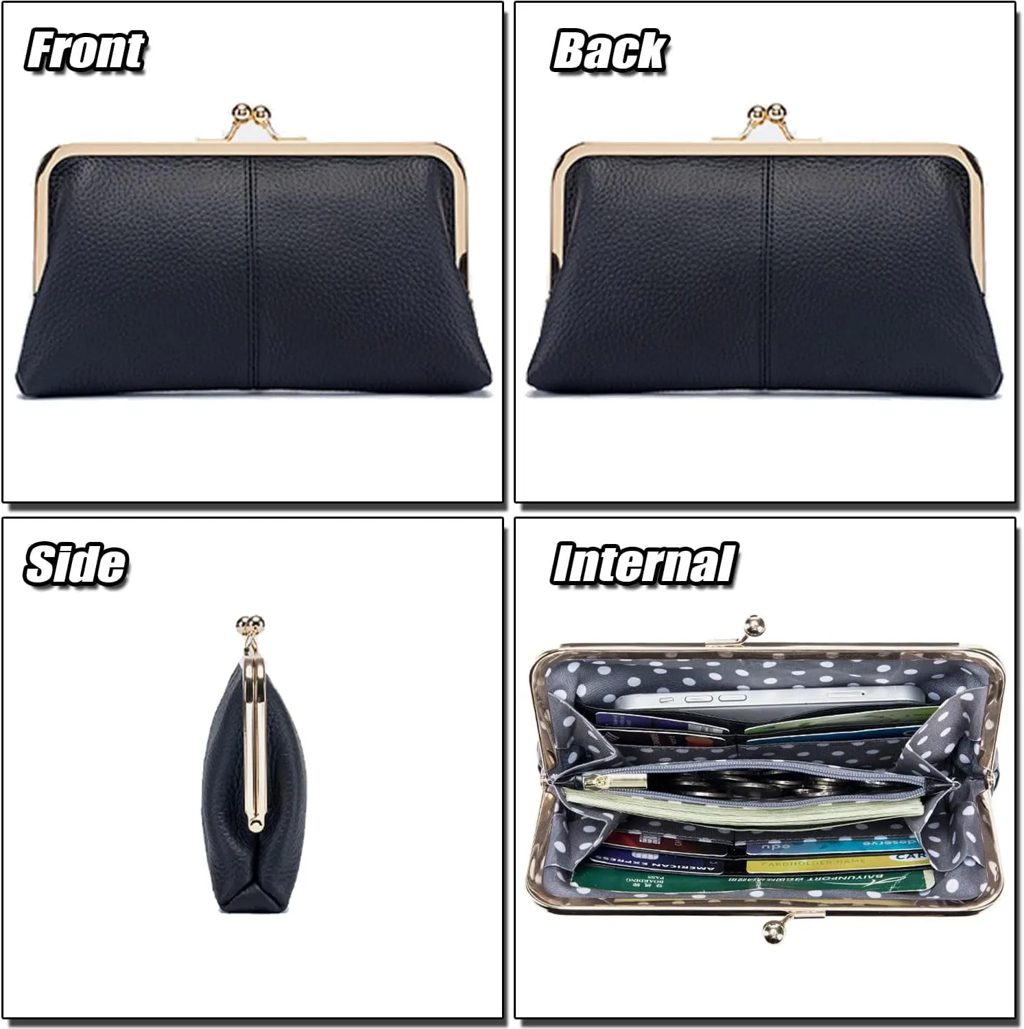 Soft Genuine Leather Wallet for Women Vintage Style Ladies Cell Phone Purse with 8 Card Slots, Kiss-lock Closure