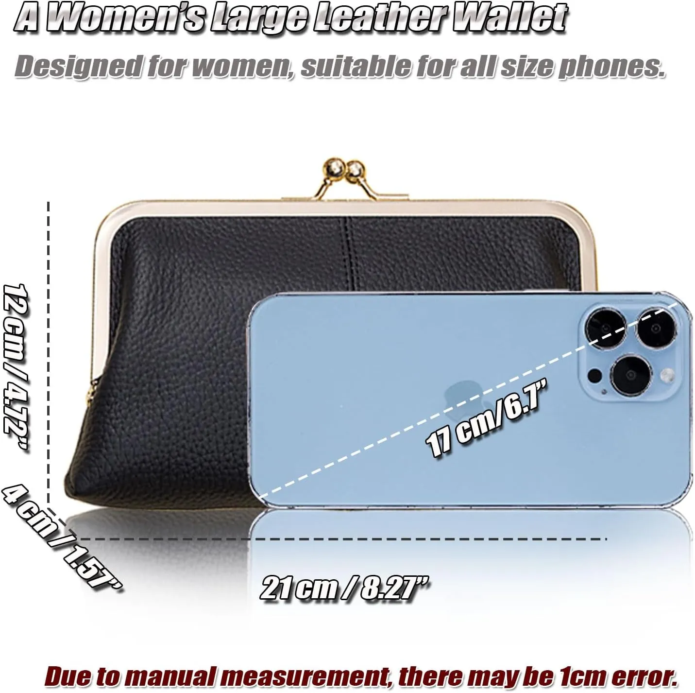 Soft Genuine Leather Wallet for Women Vintage Style Ladies Cell Phone Purse with 8 Card Slots, Kiss-lock Closure