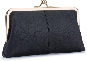 Soft Genuine Leather Wallet for Women Vintage Style Ladies Cell Phone Purse with 8 Card Slots, Kiss-lock Closure