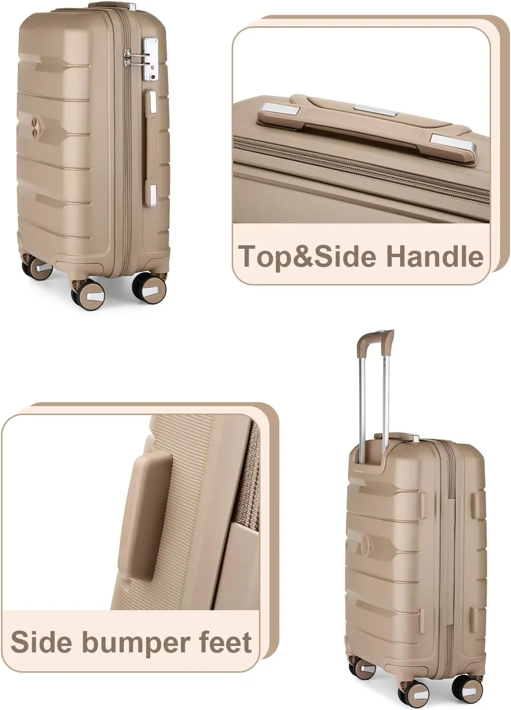 Somago 24 Inch Checked Luggage and Packing Cube Travel Set Hard Shell Lightweight Polypropylene Suitcase with Spinner Wheels TSA Lock,Noble Golden
