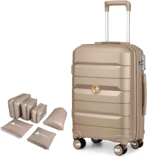 Somago 24 Inch Checked Luggage and Packing Cube Travel Set Hard Shell Lightweight Polypropylene Suitcase with Spinner Wheels TSA Lock,Noble Golden