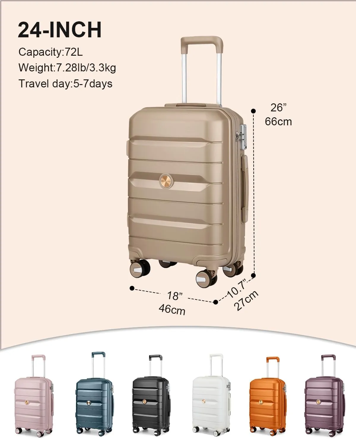 Somago 24 Inch Checked Luggage and Packing Cube Travel Set Hard Shell Lightweight Polypropylene Suitcase with Spinner Wheels TSA Lock,Noble Golden