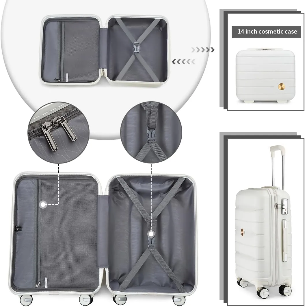 Somago Luggage Sets 4 Piece Lightweight Hardside Polypropylene Travel Suitcases with Double Spinner Wheels and TSA Lock,Creamy White