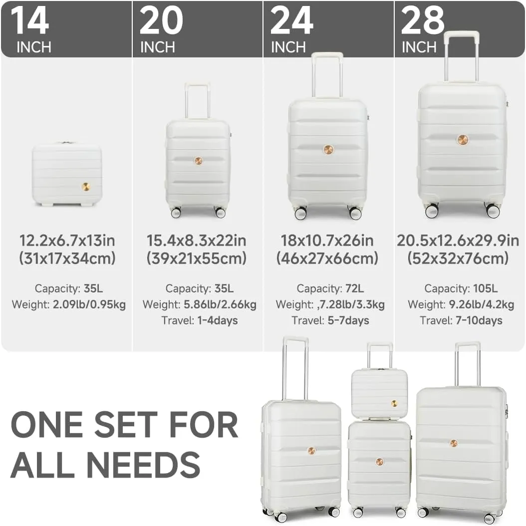 Somago Luggage Sets 4 Piece Lightweight Hardside Polypropylene Travel Suitcases with Double Spinner Wheels and TSA Lock,Creamy White