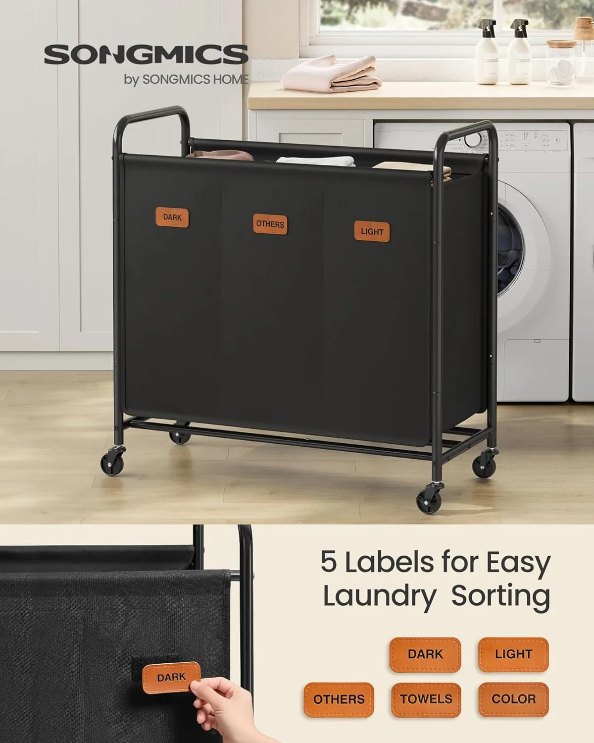 SONGMICS 3-Section Laundry Sorter, Laundry Hamper with Wheels, Rolling Clothes Hamper Cart with Large Capacity and Removable Bags, for Laundry Room, Bedroom, Bathroom, Ink Black URLS330B01