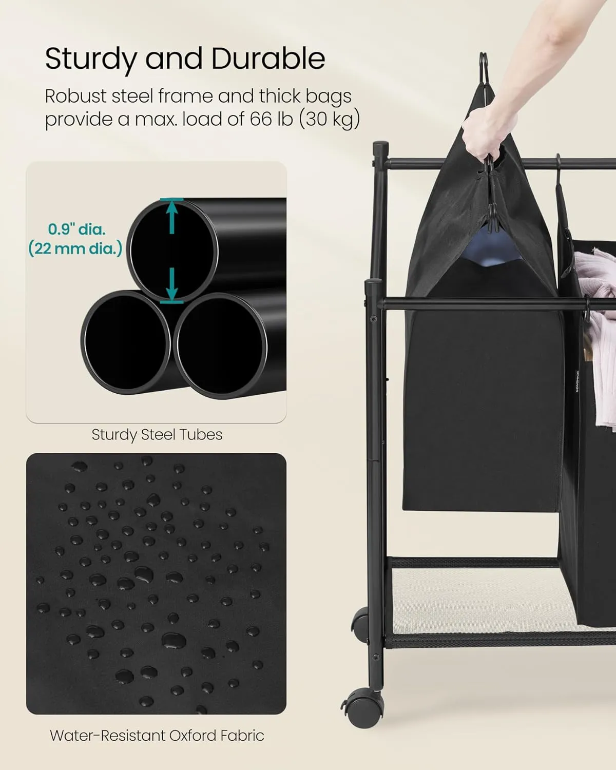 SONGMICS Laundry Sorter, Rolling Laundry Basket with 3 Removable Bags, Laundry Hamper, Laundry Cart, for Laundry Room, Bedroom, Bathroom, 3 x 11.9 Gallons, Ink Black URLS102B01