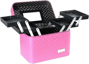 Sooyee Makeup Bag Cosmetic Bags with Mirror, Makeup Organizer 4 Layer Foldable Tray Open to The Sides,Makeup Travel Bag for Women,Makeup Box Train Case,Pink