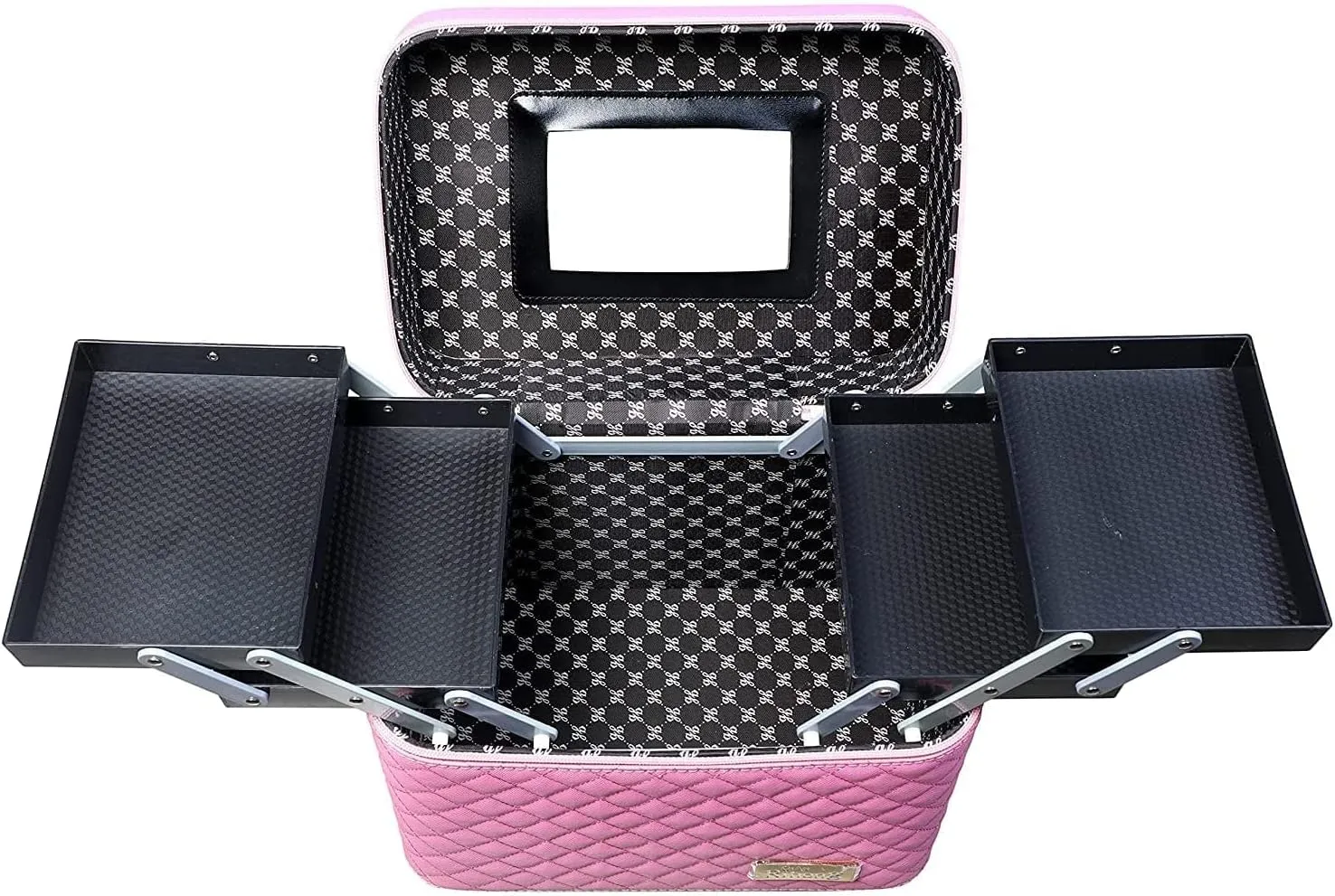 Sooyee Makeup Bag Cosmetic Bags with Mirror, Makeup Organizer 4 Layer Foldable Tray Open to The Sides,Makeup Travel Bag for Women,Makeup Box Train Case,Pink