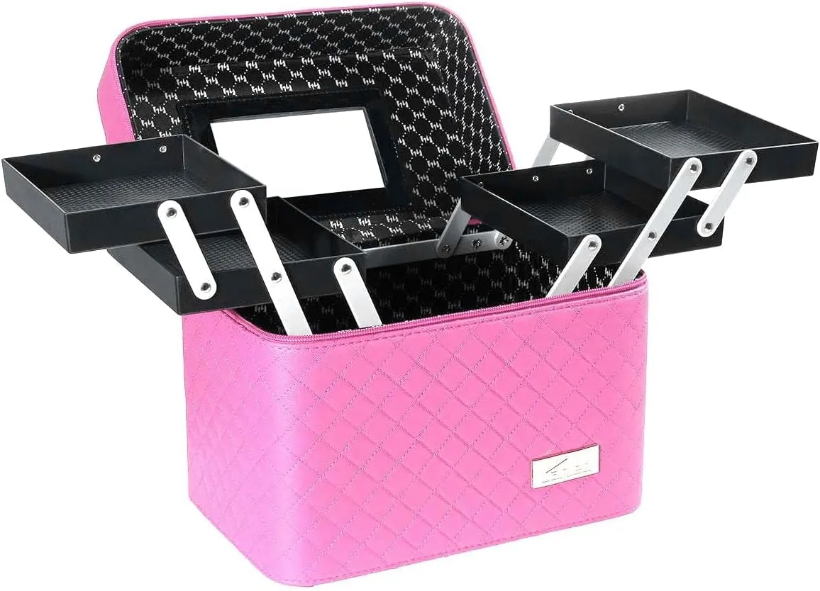 Sooyee Makeup Bag Cosmetic Bags with Mirror, Makeup Organizer 4 Layer Foldable Tray Open to The Sides,Makeup Travel Bag for Women,Makeup Box Train Case,Pink